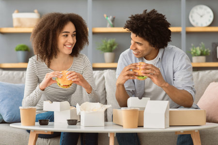 Lunch at home with fast food takeaway restaurant during covid-19の写真素材