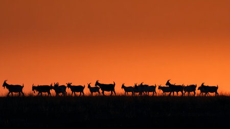 A line of goats moves gracefully on a hilltop during a vibrant sunset, highlighting natures beautyの素材