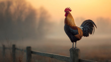 A rooster perches confidently on a wooden post as the sun rises, illuminating the foggy countrysideの素材