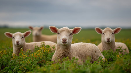 Four young lambs explore a vibrant green field, enjoying the lush grass and flowers around themの素材