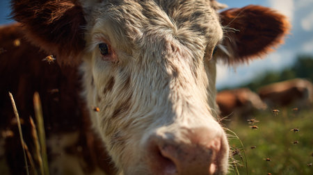 A brown and white cow stands in a grassy field, looking directly at the view with a clear sky aboveの素材