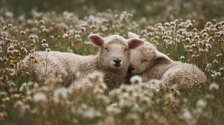 Soft lambs rest close together surrounded by blooming wildflowers on a warm spring dayの素材