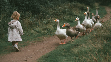 A young child walks on a dirt path as a flock of geese trails behind, surrounded by greeneryの素材