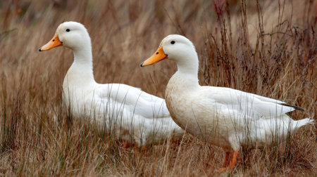 Two white ducks are calmly foraging in a grassy wetland, enjoying the warm daylightの素材