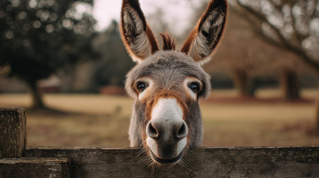 Donkey leans over weathered fence, observing surroundings in a serene pasture at sunsetの素材