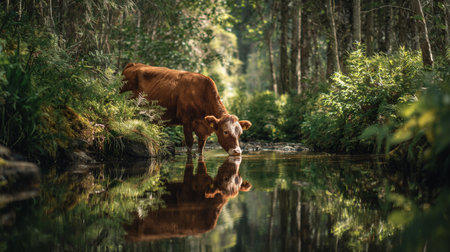 A cow stands by a serene stream, sipping water as sunlight filters through the treesの素材
