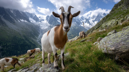 A mountain goat calmly poses on rocky grass while other goats graze nearby in the alpine landscapeの素材