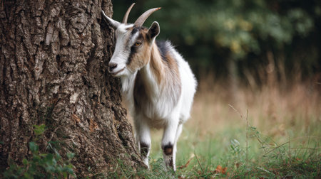 A goat explores its surroundings near a tree in a vibrant green field on a clear dayの素材