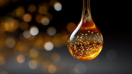 A golden liquid drop hovers, displaying bubbles and bright color against a dark backdropの素材