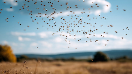 A swarm of bees buzzes over a golden field under midday sun, with hills in the distanceの素材