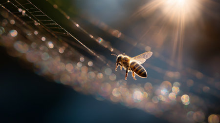 A bee clings to a sunlit spider web, creating a magical scene in the late afternoonの素材