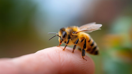 A bee lands on a fingertip in a sunny garden, highlighting natures beautyの素材