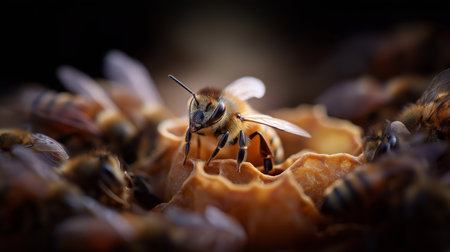 Bees are actively working together, building honeycomb and storing nectar in their hiveの素材