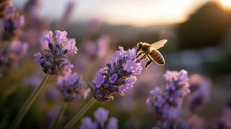 Bees collect nectar from vibrant lavender flowers as the sun sets, creating a peaceful atmosphereの素材