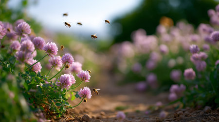 Pollinators gather around vibrant clover flowers in a lush meadow under bright sunlightの素材