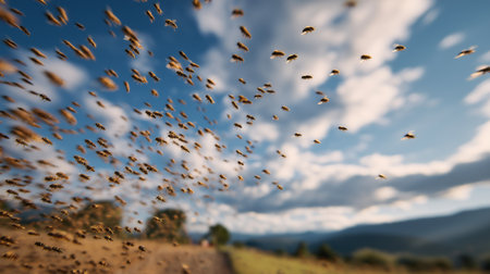 Bees swarm in large numbers against a bright blue sky with fluffy clouds, creating a vibrant sightの素材
