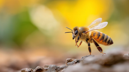 A bee balances on a textured surface, poised to fly amid a bright, colorful backgroundの素材