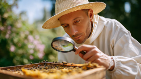 A beekeeper examines bees in a hive while enjoying a warm, sunny day outdoorsの素材