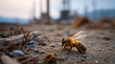 Close-up of a bee collecting pollen on dusty earth near construction activity at duskの素材