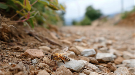 A bee is seen gathering pollen from the ground on a peaceful dirt path surrounded by plantsの素材