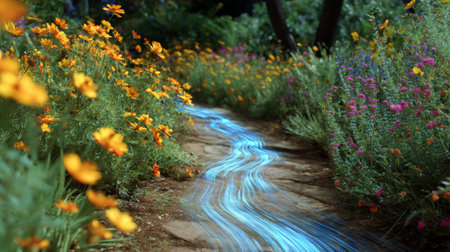 A tranquil path meanders through colorful flowers as a luminous stream flows gently alongsideの素材