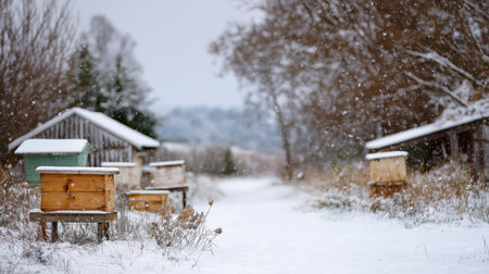 Beehives are dusted with snow as gentle flakes fall in a quiet rural landscapeの素材