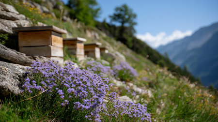 Beekeeping hives are set among blooming wildflowers in a mountainous landscape under clear skiesの素材