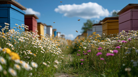Beehives painted in various colors stand amidst blooming wildflowers under a clear skyの素材
