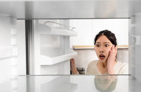 Shocked asian woman looking inside empty fridgeの写真素材