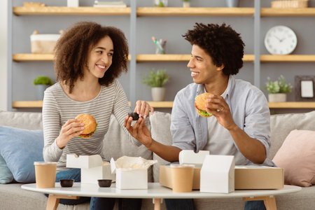 Lunch at home, fast food delivery during COVID-19 pandemicの写真素材
