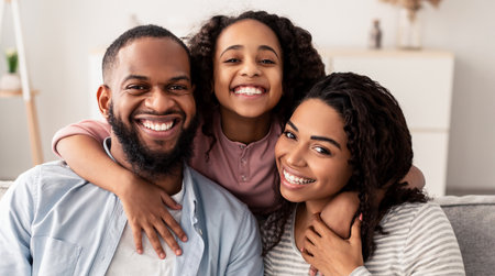 Portrait of a happy black family smiling at homeの写真素材