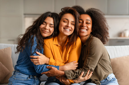 Three joyful young multiethnic women hugging and smiling together indoorの写真素材