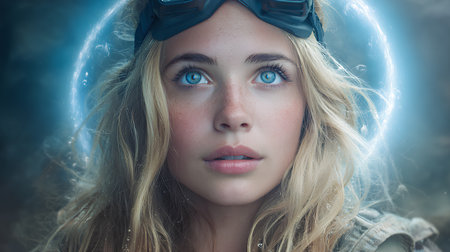 A traveler stands ready at a futuristic checkpoint, eyes wide with anticipation for teleportationの素材