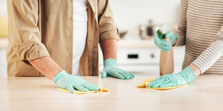 Cleaning house together, hygiene and housework, cleaning suppliesの写真素材