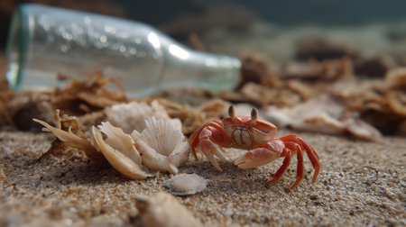 Red crab navigates through sand and shells near glass bottle on a beachの素材
