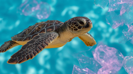 A sea turtle glides through warm turquoise waters, dodging plastic waste by the coralの素材