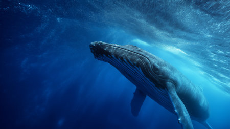 A large humpback whale glides through vibrant blue water, showcasing its majestic form and movementの素材