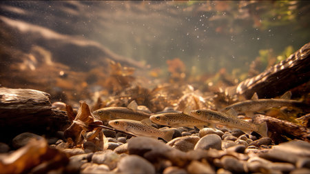 Young fish swim gracefully among pebbles and leaves at the bottom of a serene streamの素材
