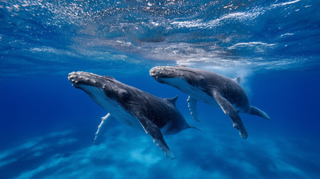 Two humpback whales glide beneath the surface of the blue ocean, showcasing their majestic natureの素材