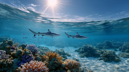 Two sharks glide gracefully through bright coral reefs in the clear ocean watersの素材