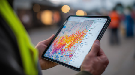 A person examines a colorful map on a tablet while conducting a field survey in a cityの素材