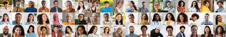 Happy faces of diverse individuals showcasing joy and connection in a collageの写真素材