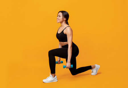 Strength training concept. Athletic black lady doing lunges exercise with dumbbells on yellow...