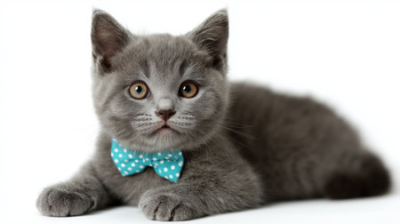 A playful gray kitten with a blue bow tie rests on a white surface, displaying curiosity and charmの素材