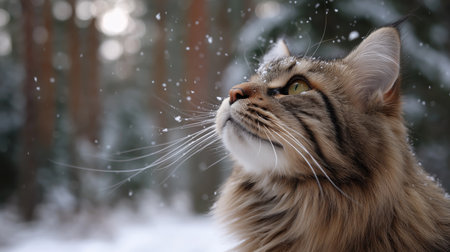 A Maine Coon cat looks up at gently falling snow in a serene forest setting during winterの素材