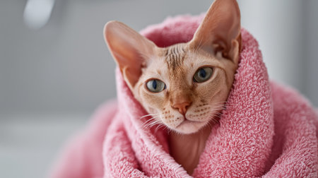 A serene cat enjoys warmth and comfort while snuggled in a soft pink towel at homeの素材