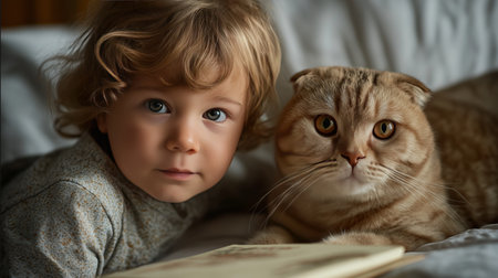 A young child lies beside a cat, creating a serene atmosphere filled with companionship and warmthの素材