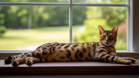 A relaxed cat rests on a windowsill, basking in the warm sunlight and observing nature outsideの素材