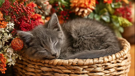 A gray kitten is peacefully sleeping in a basket surrounded by colorful autumn floraの素材
