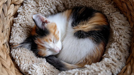 A calico cat naps comfortably in a soft, woven basket with fluffy lining at homeの素材